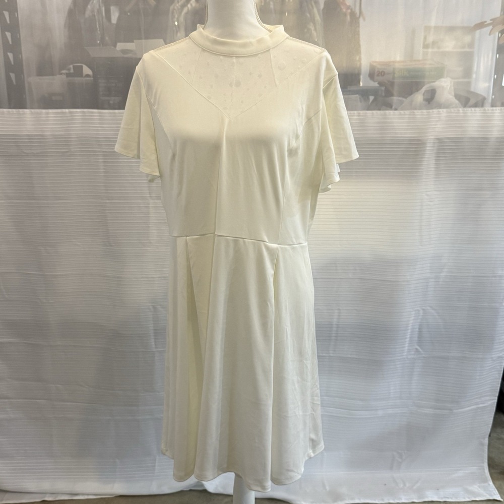 Scarlet Darkness White Swiss Dot Mesh Yoke Flutter Sleeve Dress Plus 2X
